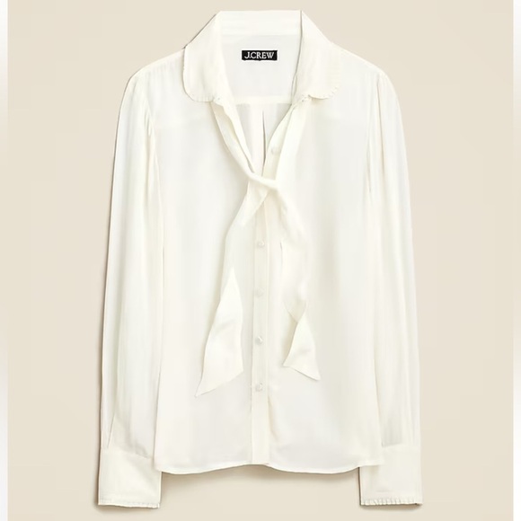 NEW Crepe de chine tie shirt with pleated collar long sleeve in cream Size Small - Picture 4 of 15